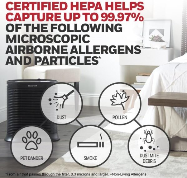 Honeywell AllergenPlus HEPA Air Purifier, Airborne Allergen Reducer for Large Rooms 1500 sq ft, Reduces Allergens, Smoke, Wildfire Smoke, Pollen, Pet Dander and More, Black, HPA200