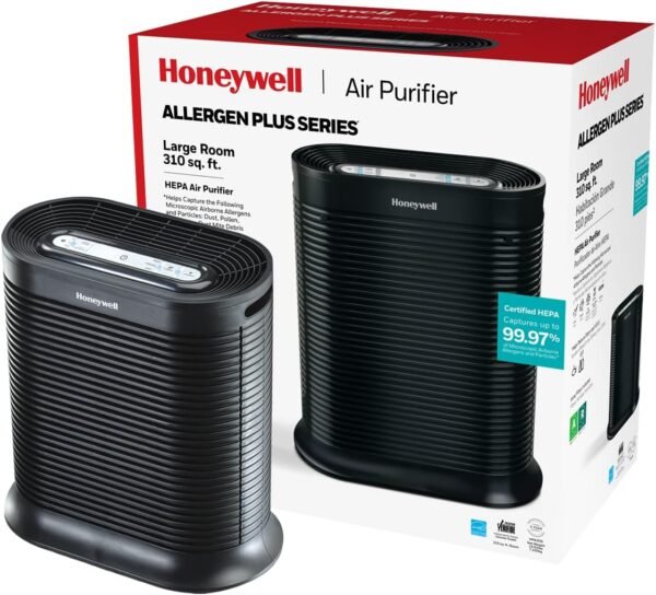 Honeywell AllergenPlus HEPA Air Purifier, Airborne Allergen Reducer for Large Rooms 1500 sq ft, Reduces Allergens, Smoke, Wildfire Smoke, Pollen, Pet Dander and More, Black, HPA200