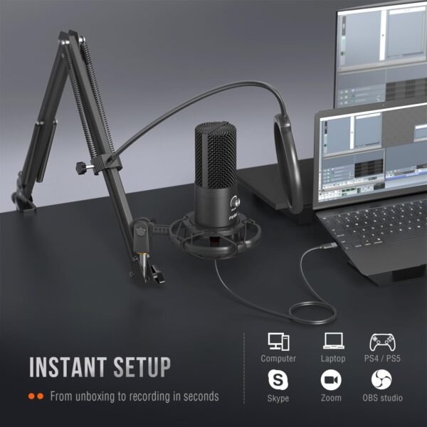 FIFINE Studio Condenser USB Microphone Computer PC Microphone Kit with Adjustable Boom Arm Stand Shock Mount for Instruments Voice Overs Recording Podcasting YouTube Vocal Gaming Streaming-T669