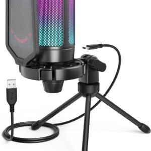 FIFINE Gaming USB Microphone for PC PS5, Condenser Mic with Quick Mute, RGB Indicator, Tripod Stand, Pop Filter, Shock Mount, Gain Control for Streaming Discord Twitch Podcasts Videos- AmpliGame
