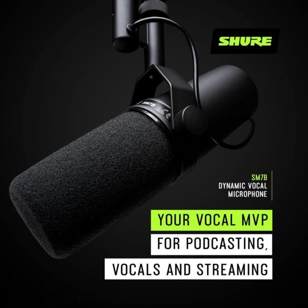 Shure SM7B Microphone - Vocal Dynamic Studio Mic for Broadcast, Podcast, Recording, Gaming & Streaming, XLR, Rugged Construction, Detachable Windscreen, Smooth Sound, Warm Vocals, Wide-Range Frequency